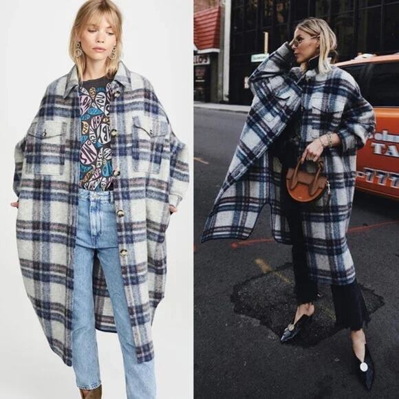 Isabel Marant Etoile | Women’s Gabrion Oversized Wool Blanket Shacket Plaid Coat - Picture 2 of 12